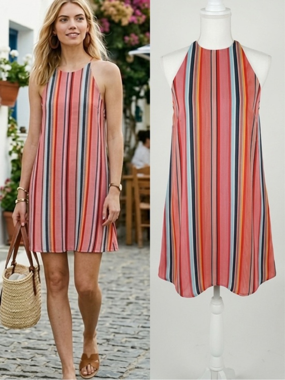 Alice + Olivia Kalia Colorful Striped Halter Tieback Dress Medium or Large